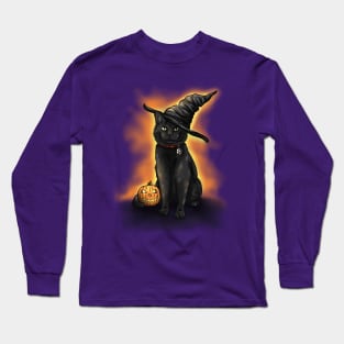 Halloween Cute Black Witch's Cat with Pumpkin Long Sleeve T-Shirt